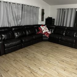 Large Brown Sectional Leather With Bed, And Recliners