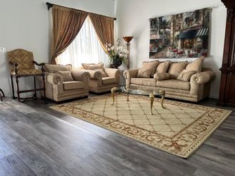 3 Sets : 1  Sofa + 2 Chairs , 1 Coffee Table , 1 Rug , 1 Frame 