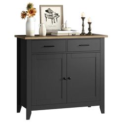 Black Farmhouse Storage Cabinet with 2 Drawers and Doors