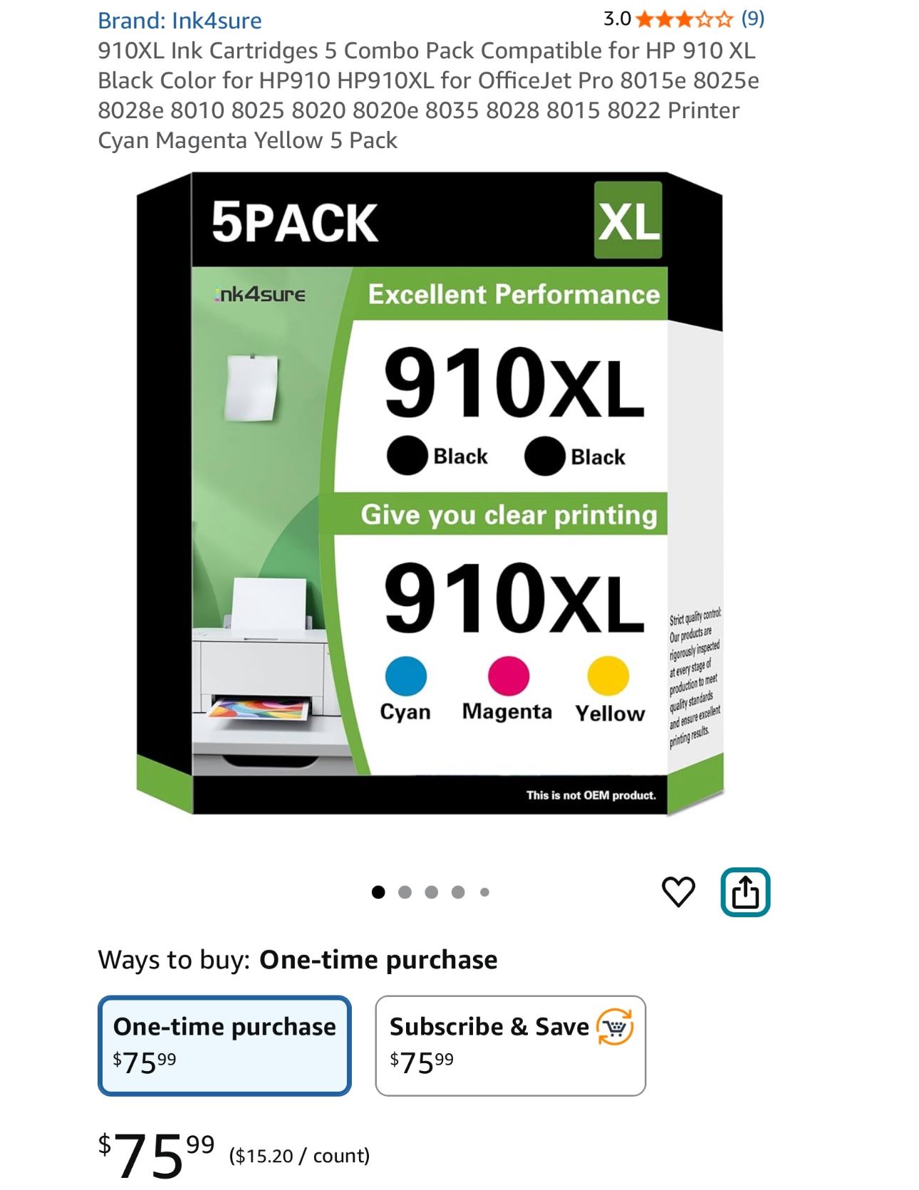 910XL Ink Cartridges 5 Combo Pack Compatible for HP 910 XL Black Color for HP910 HP910XL for OfficeJet Pro 8015e 8025e 8028e 8010 8025 8020 8020e 8035