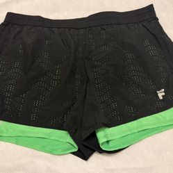 NWOT Fila Sport Running Shorts Mesh Over Spandex w/ Interior Pocket, Elastic Waist & Drawstring, Women’s Large   Lightweight mesh outer layer over spa