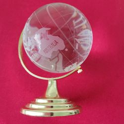 Vintage Paperweight 5" Heavy Miniature Desktop Globe Etched Glass Gold Plated 