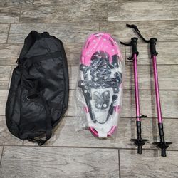 Pink snowshoes with poles and case