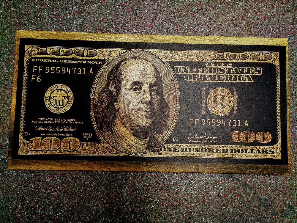 Canvas Wall Art Gold Ben Franklin One Hundred Dollar Bill 36" x 18" for