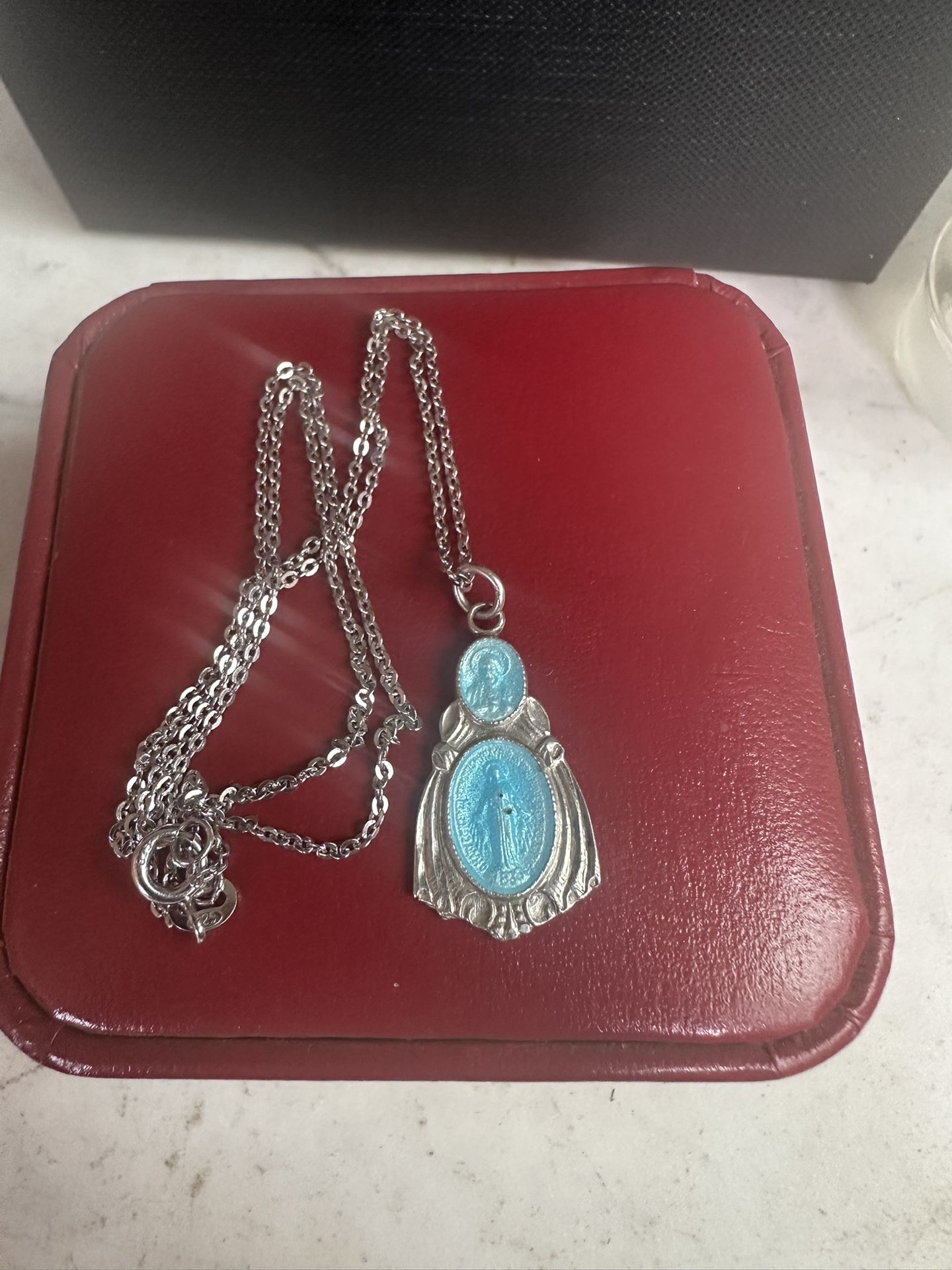 Vintage 925 Sterling Silver W/ Blue Enamel Jesus And Mother Mary Necklace , Marked Sterling , Catholic , 18 In Sterling Chain
