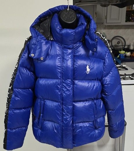 Polo Ralph Lauren Womens Puffer Jacket Blue Spell Out Hooded Pocket XL/ X-Large