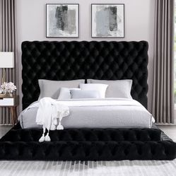Brand New Glam velvet Black Tufted Pedestal Platform Queen Size Bed 