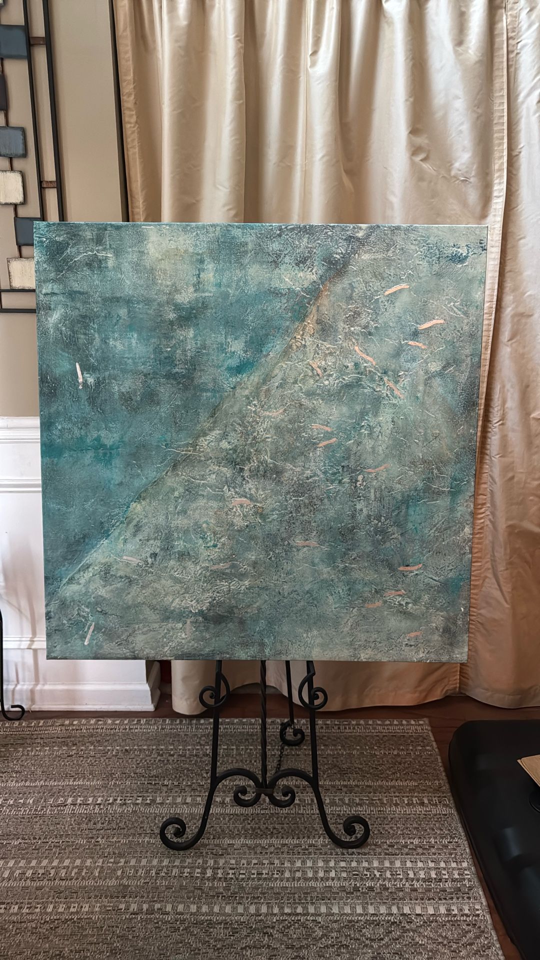 Large Abstract Canvas Artwork Teal And Silver Main Colors