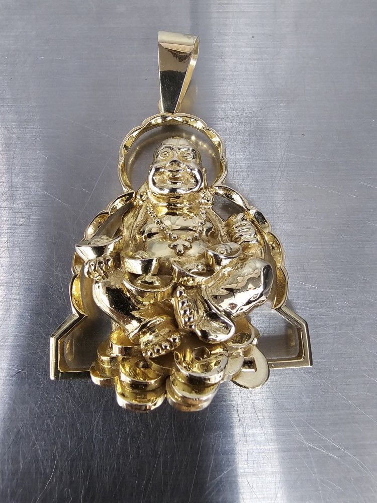 REAL 14k Yellow Gold Laughing Buddha Charm Pendant Happy 2" 40mm For Men's. 62.9gr