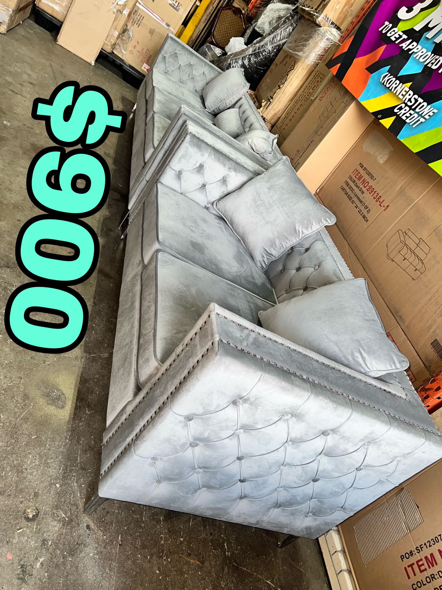 Beautiful New 2PC Tufted Sofa Set(1 Sofa & 1 Loveseat) in Gray Velvet Only $900!!!