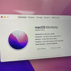 macbook Pro 2019, 16 Inch, i7 core , 16 Gb, With Retina Display And Toolbar