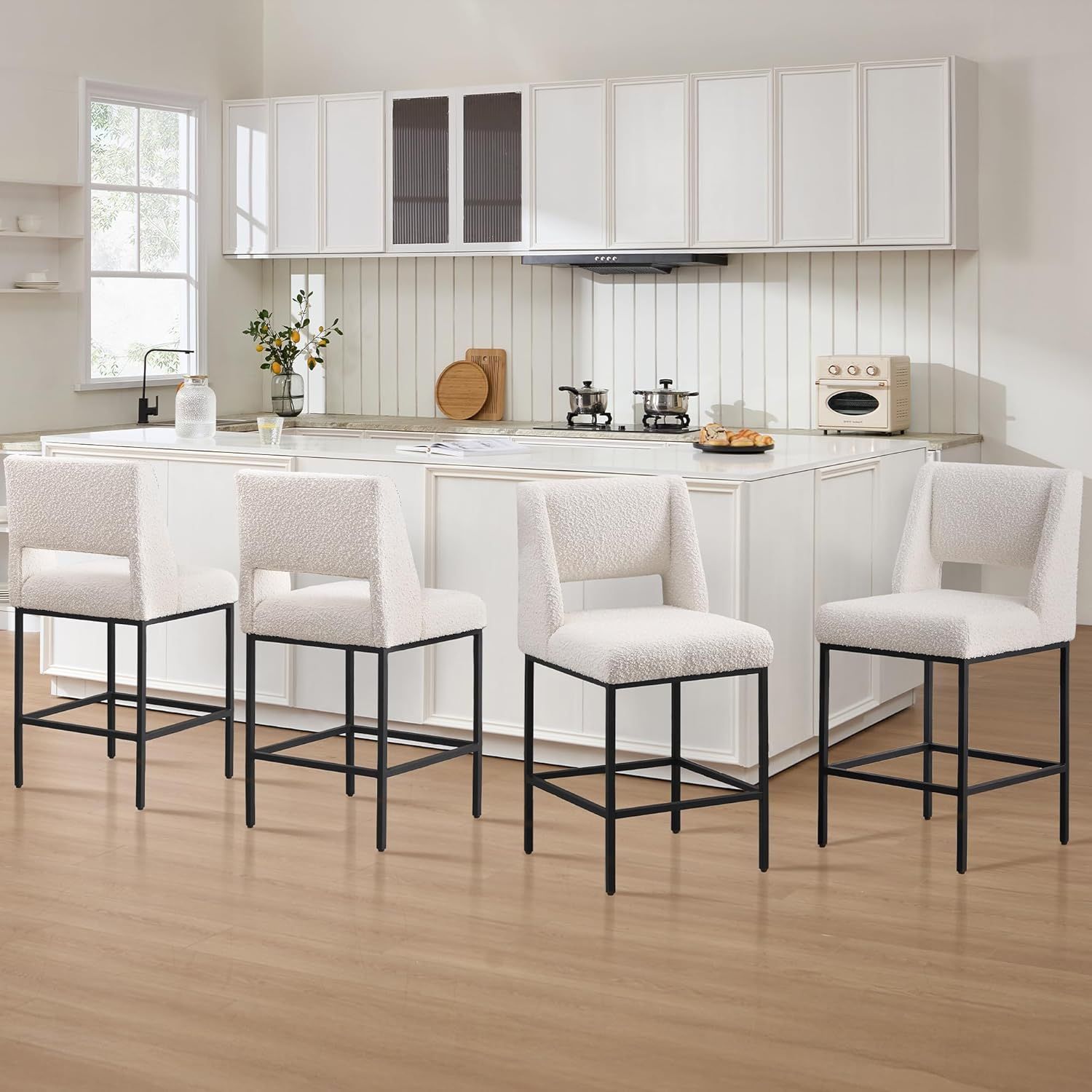 Upholstered Counter Height Stools, White Boucle Bar Stools with Metal Legs and Open Back, 26’’ Counter High Chairs for Kitchen Island, Home Pub, Set o