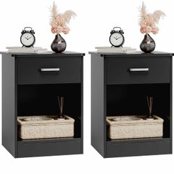 Set of 2 Black Nightstands , 2-Tier Side Table with Drawer and Storage Shelf