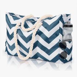 Allinside wave striped extra large tote weekender beach gym shopping bag waterproof Blue/White cotton handles