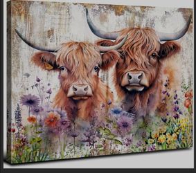 Highland Cow Wall Art with Wildflowers Rustic Farmhouse Western Cow Canvas Print Vintage Floral Scottish Cattle Picture Country Farm Animal Wall Decor