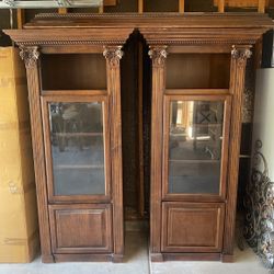Two Solid Wood Display Cabinets With Top Lighted Panel