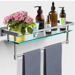 SFGSOWOR Bathroom Towel Rack, Storage Rack Chrome With Glass Shelf