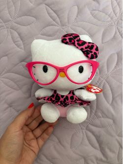 Ty Beanie Babies Hello Kitty Fashionista Pink Leopard Print Dress & Glasses Plush