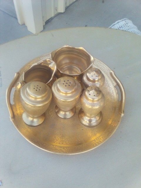 Gold Tray WHEELING Creamer And Sugar Salt And Pepper 7 Pieces Glassware Vintage Antique