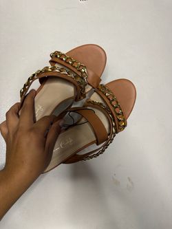 Tan Flat Sandals with Gold Chain Straps