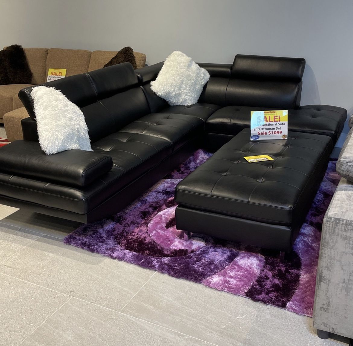 Sale $899 New Black Leather Sectional With Ottoman ** In Stock ** Same Day Delivery ** No Credit Needed