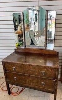 Antique Two Drawer Dresser With Tri Fold Mirror 