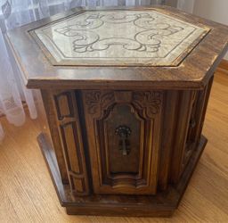 Vintage Hexagon Wood End Table with Storage and Tile Inlay Top