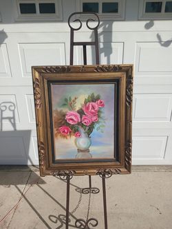 Vintage framed flowers in vase sill life unsigned oil on canvas painting