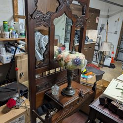 Antique Hall Tree / Entry Bench With Coat Rack. Solid Wood Hallway Console With Mirror.