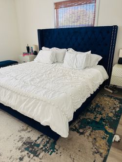 Navy Blue Velvet Tufted Wingback Bed Frame