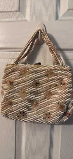 Vintage 1950s Lumured Corde Bead Purse Embroidered Floral Handbag