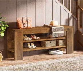 RY0348 47'' Rustic Brown Wood 3-Tier Shoe Bench with Open Storage, Entryway Bench - Brown