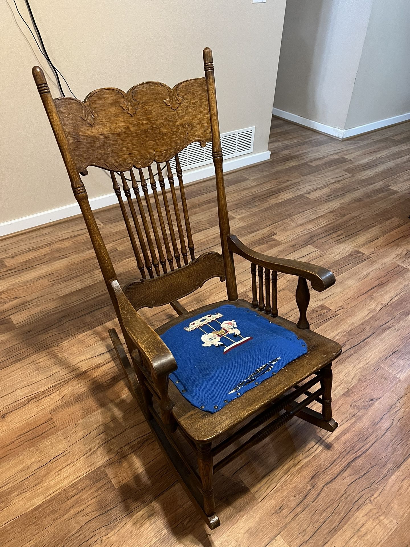 Antique rocking chair Solid Oak With Cross stitch seat