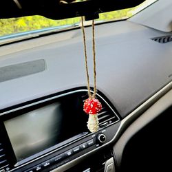 Amanita mushroom Car Interior Rearview Mirror Hanging Decor Handmade Grids Nature Feather Small Car Charms Pendant Accessories
