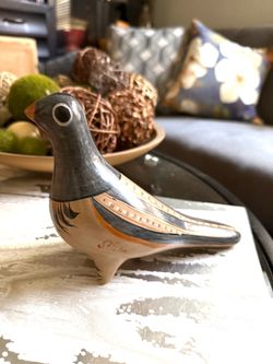 Lovely Vintage Tonala Mexico Ceramic Bird Pigeon Dove Figurine Artist Signed   Hand-painted ceramic bird figurine with a tan, grey, and orange color p