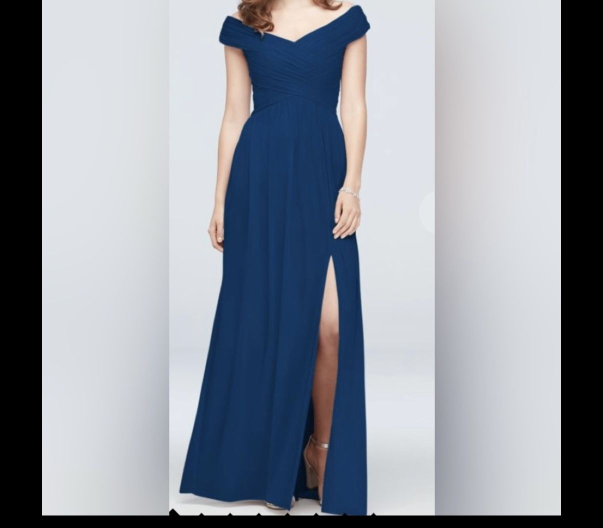 David’s Bridal Off-Shoulder Navy Evening Gown – Size 8 – Elegant Formal Dress