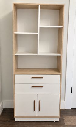 Book Shelf with Storage, Tall Bookshelf with 2 Drawers and Doors, Modern Bookcase with 5 Open Cubes, Wooden Bookshelf for Home and Office, Living Room