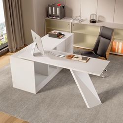 George Modern Home Office White Large L Shaped Executive Desk with Drawers & Cabinet  3 large drawers, a cabinet with a press-to-open door, and 2 semi