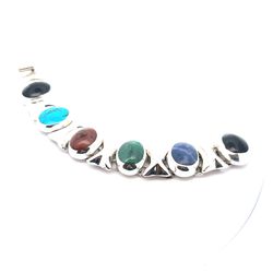Sterling Silver Bracelet - Turquoise, Onyx, Lapis, Malachite, Jasper - 8in