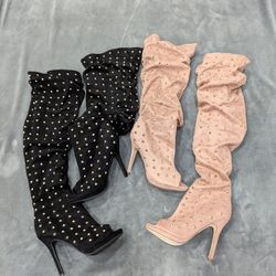 Liliana Vegan Suede Over the Knee Golden Tacks Peep Toe Boots Size 9