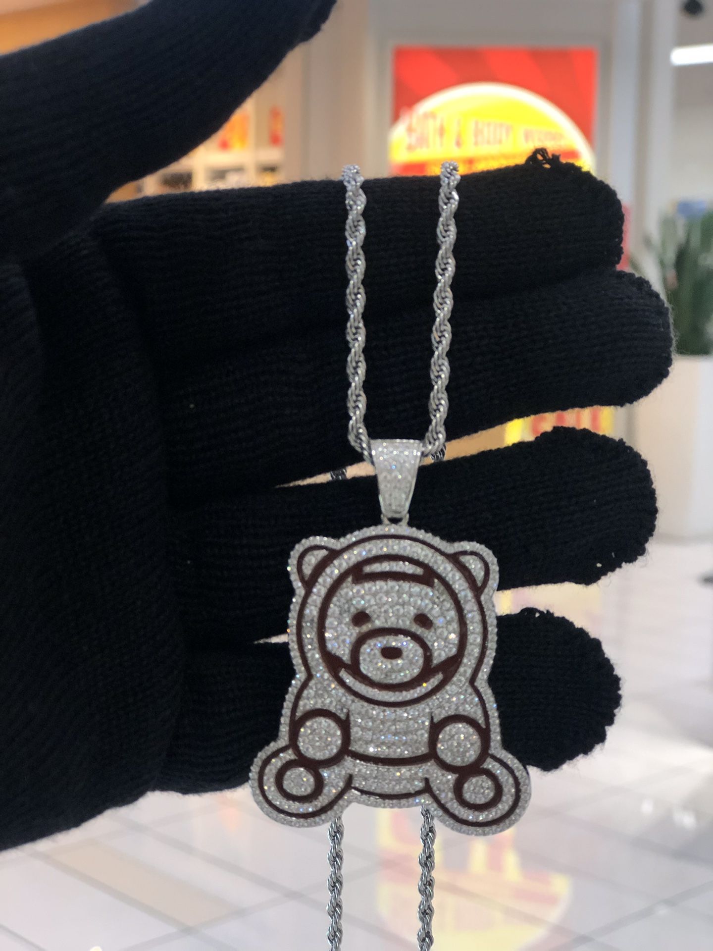 Brand New 925 Silver Fully Iced Out Ozuna Bear pendant Lab diamonds with stainless steel Rope chain