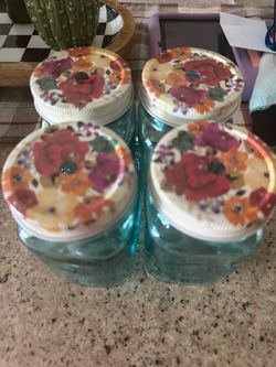 Blue Glass Mason Jars with Floral Lids – Set of 4 - Pioneer Woman Collection