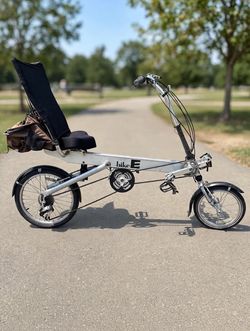 bikeE Silver Recumbent Bike 16in Wheels Rim Brakes Derailleur Rear Rack
