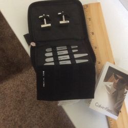 Mens, Calvin Klein, Travel Set In  Zip Case Cuff Links Metal Collar Stays Rare
