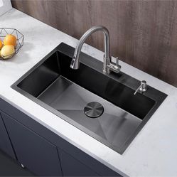 VESLA HOME 30 inch Drop in Black Kitchen Sink, Single Bowl Stainless Steel 20B