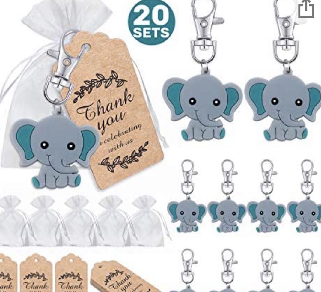 20 Pcs Baby Shower Return Favors for Guests, Blue Baby Elephant Keychains + Organza Bags + Thank You Kraft Tags for Elephant Theme Party Favors, Boys