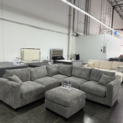 BRAND NEW GREY SECTIONAL CORDUROY SOFA COUCH WITH OTTOMAN (NEW IN BOXES )