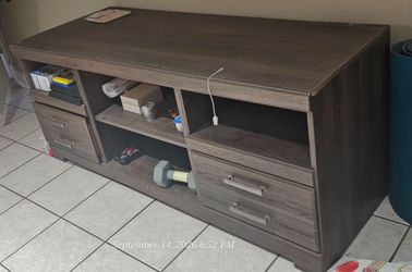 Gray Wood TV Stand with Drawers and Shelves $75
