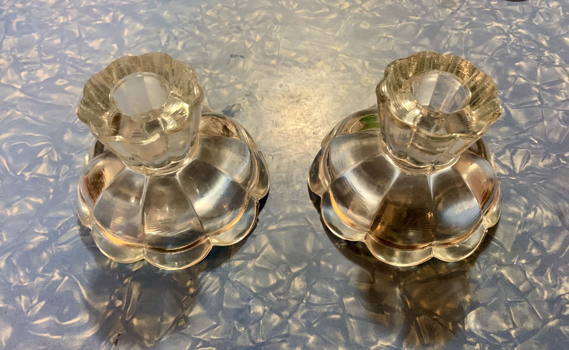 L E Smith Glass SIMPLICITY No 305 Clear Single Light Candlestick Depression Pair 