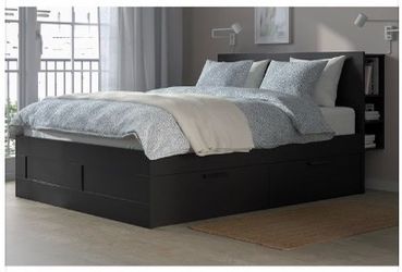IKEA —Queen - BRIMNES Bed frame with storage & headboard, black,